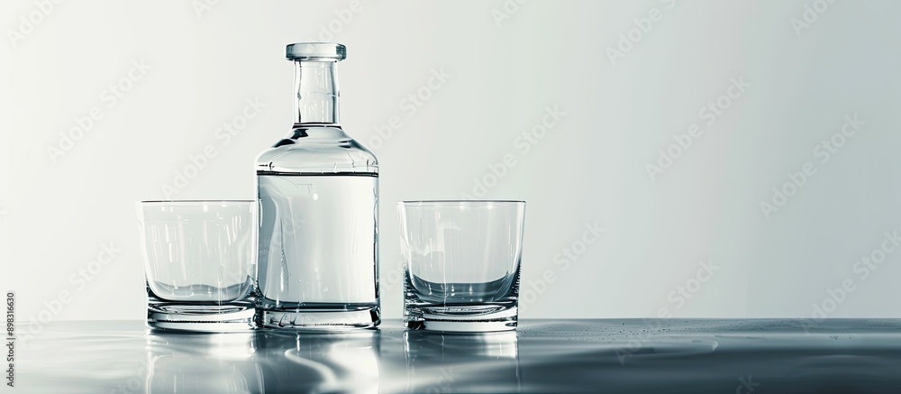 Poster a detailed perspective of an empty glass bottle and glasses against a white background in a copy spa
