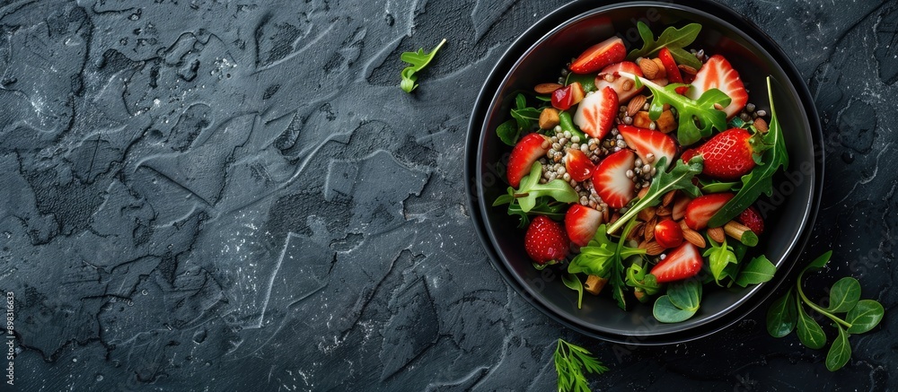 Aufkleber apple salad with strawberries buckwheat and greens in a black bowl on a dark granite surface with co