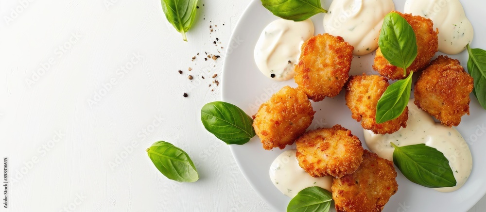 Poster chicken nuggets topped with creamy white sauce and fresh basil leaves arranged neatly against a whit