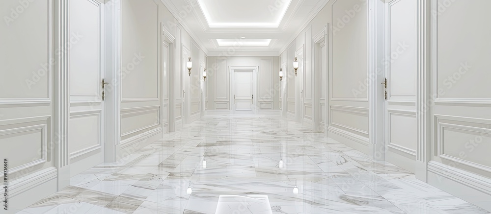 Poster an apartment corridor with white walled doors and a marble floor providing a clean and elegant look 