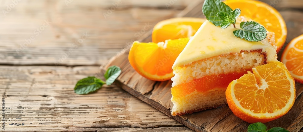 Poster Citrus cake slices displayed deliciously on a wooden table with copy space image