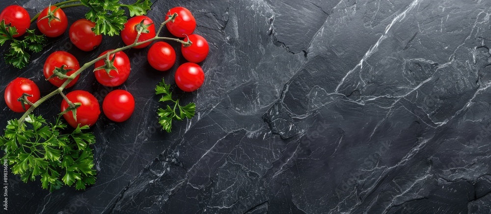 Canvas Prints Top down view of a branch featuring ripe red tomatoes and fresh parsley on a sleek black slate with room for text or other content in the image. Creative banner. Copyspace image