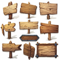 A collection of wooden signs with various shapes and sizes. The signs are all made of wood and have a rustic, natural feel to them