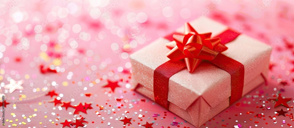 Aufkleber Close up of a gift box on a pink background with a red bow and star shaped confetti allowing space for additional images