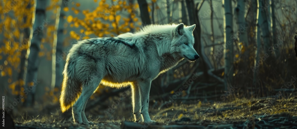 Poster An Arctic Wolf standing gracefully in a wooded area with empty space for additional images