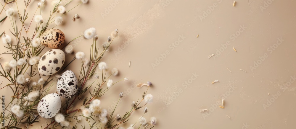 Leinwandbilder beige background with quail eggs and botanical decor in easter theme top view for copy space image