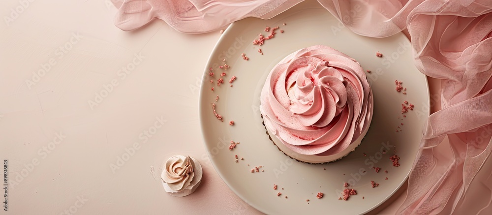 Poster Cake displayed on a plate over a beige backdrop with space for adding images. Creative banner. Copyspace image