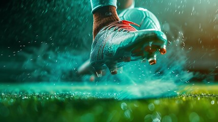 Action shot of a football boot in mid-kick with a soccer ball, dynamic motion blur effect, green turf
