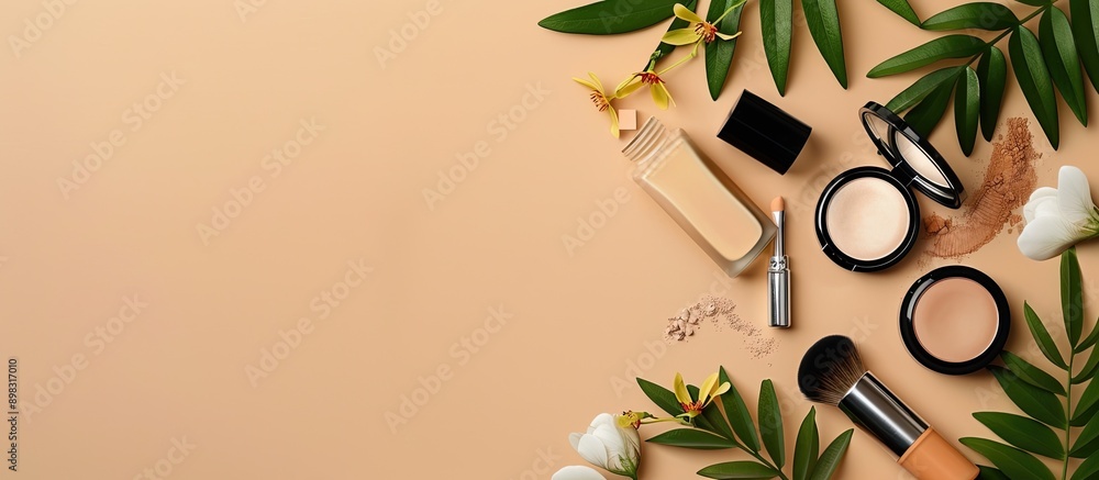 Poster Top view of cosmetic products arranged in a frame on a light brown background with space for text or images. Creative banner. Copyspace image