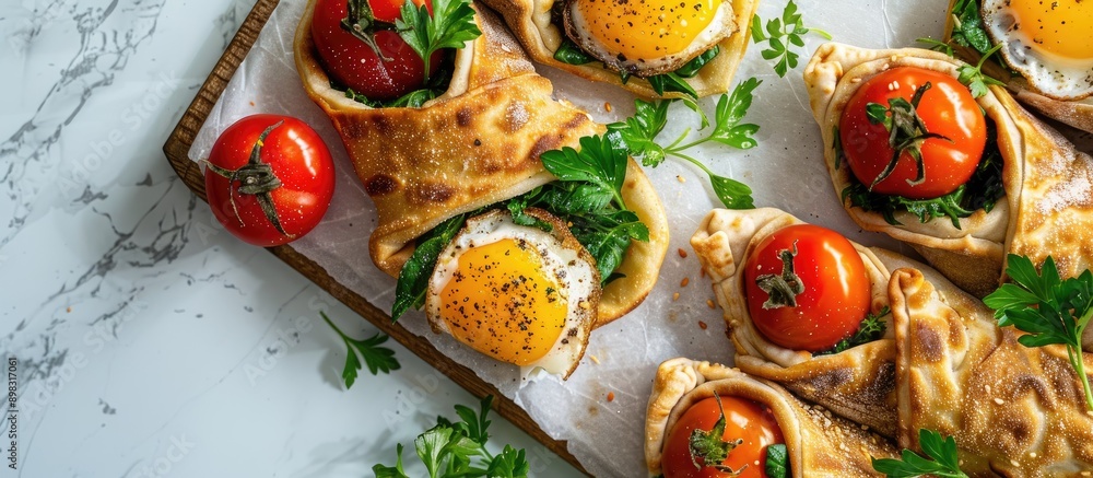 Poster a board featuring delicious lavash rolls filled with tomatoes egg and greens displayed on a white ma