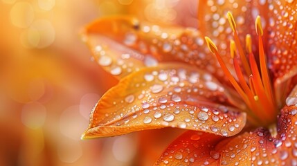  A tight shot of a flower with water beads on its petals and the floretted center in focus