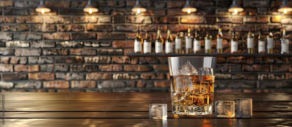 Aufkleber bar concept with whiskey and ice on a wooden table against a brick wall background providing copy sp