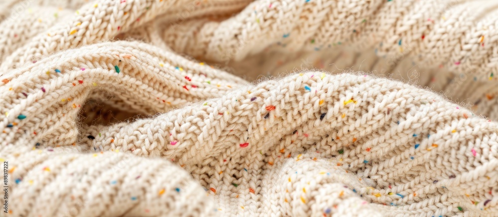 Poster Abstract texture background of beige hand knitted cotton yarn cloth with colorful speckles perfect for a copy space image