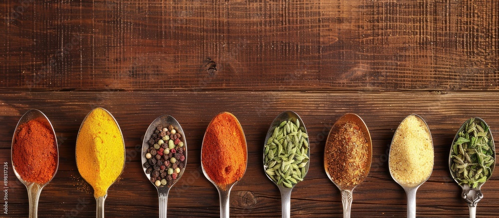 Poster colorful spices in spoons arranged on a wooden table with copy space image