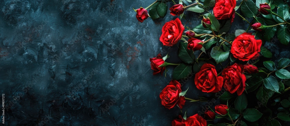 Poster a cluster of vibrant red roses set against a dark backdrop ideal for a copy space image