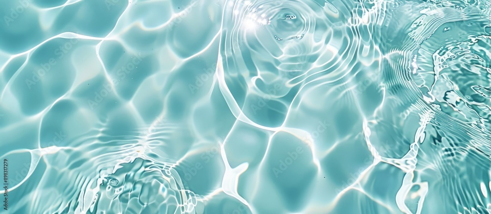 Fototapete Top view of a clear water surface creating a rippled effect against a light blue backdrop with a spacious area for adding images. Creative banner. Copyspace image