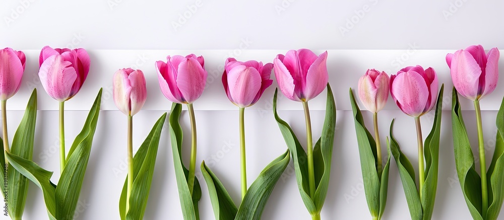 Aufkleber close up image of pink tulips with a white banner isolated on a white background providing copy spac