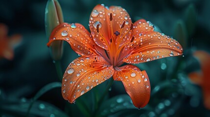  A tight shot of an orange flower, dewdrops glistening on its petals, against a verdant backdrop of green leaves