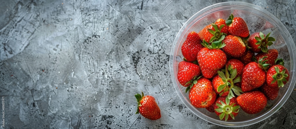 Sticker Close up of freshly harvested strawberries in a plastic bucket against a concrete backdrop with room for text or images. Creative banner. Copyspace image