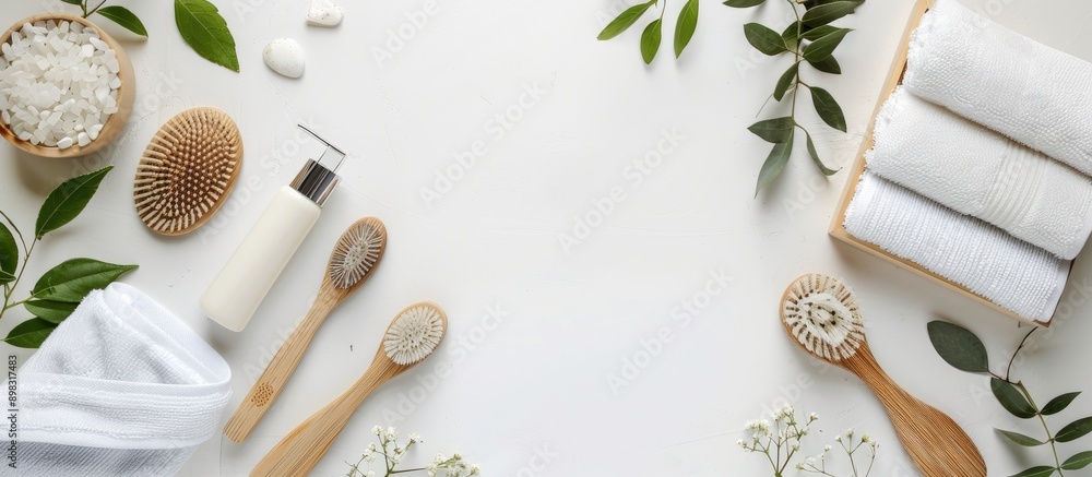 Poster top view of bath accessories on a white background featuring copy space image