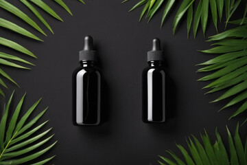 Set of luxury cosmetic products on black background top view