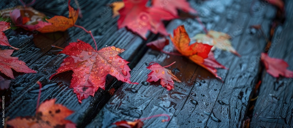 Poster autumn colored maple leaves on a damp wood surface with room for a copy space image