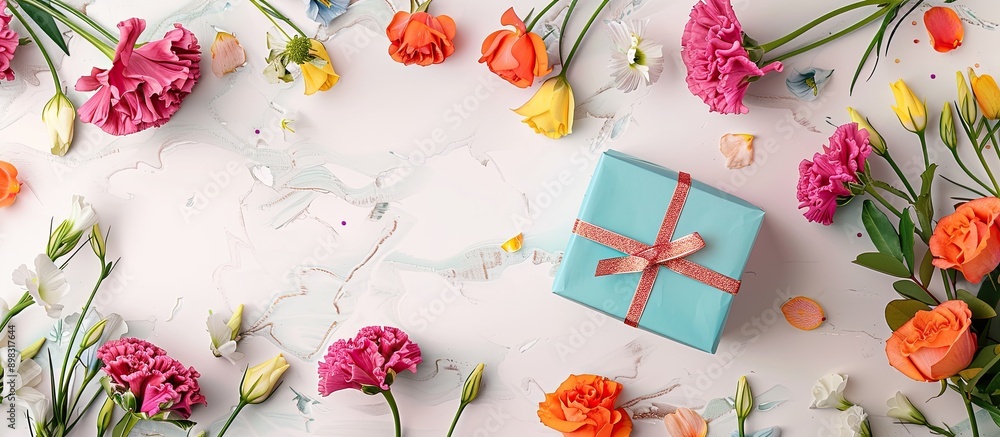 Fototapete colorful gift box surrounded by vibrant eustomas on a white table creating a festive and cheerful di