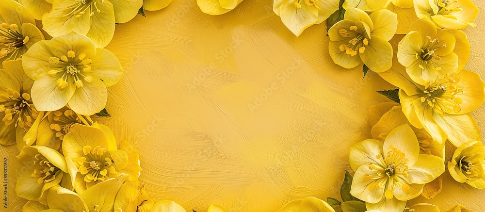 Poster a circular wreath composed of yellow hellebore blooms on a yellow backdrop a top down view of a flor