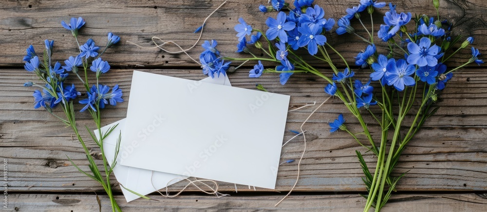 Aufkleber creative design with blue wildflowers on rustic wood with blank white greeting card and envelope for