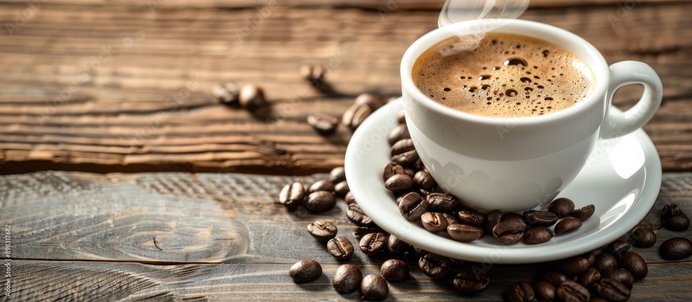 Aufkleber a cup of coffee with beans on a wooden background is shown in this copy space image which does not i