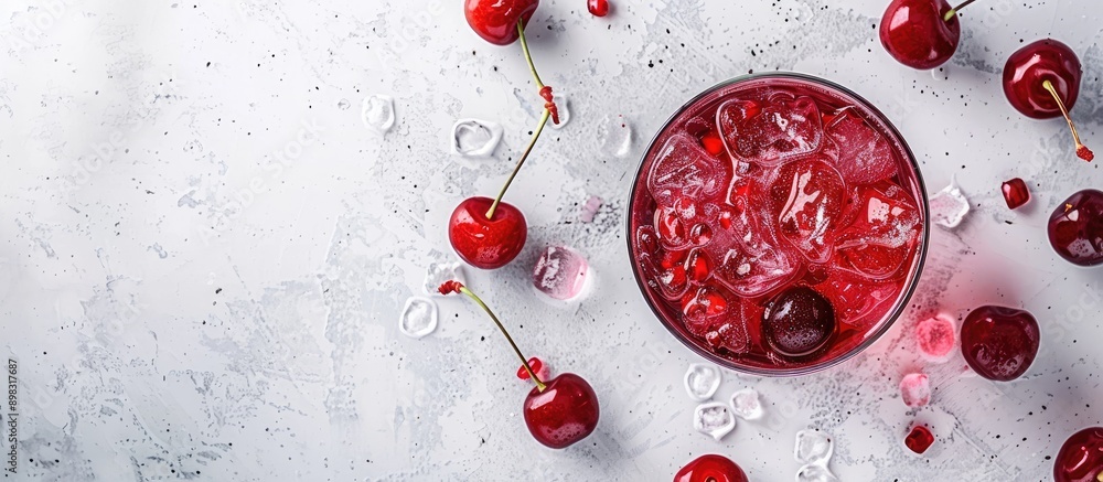 Poster cherry cocktail with ice on a light surface seen from above featuring a spacious area for text or im