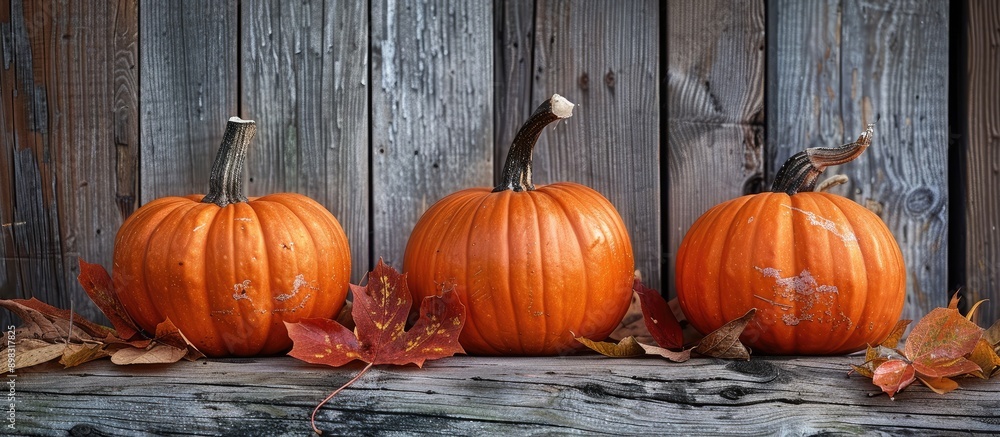 Poster autumn themed composition with three pumpkins numerous dry leaves on a rustic wooden backdrop ideal 