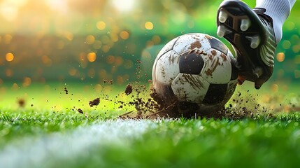 Close-up side shot of a football boot making contact with a soccer ball, dirt flying, green field background