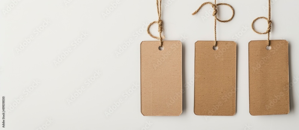 Aufkleber Cardboard card hanging from a string against a white backdrop with copy space image