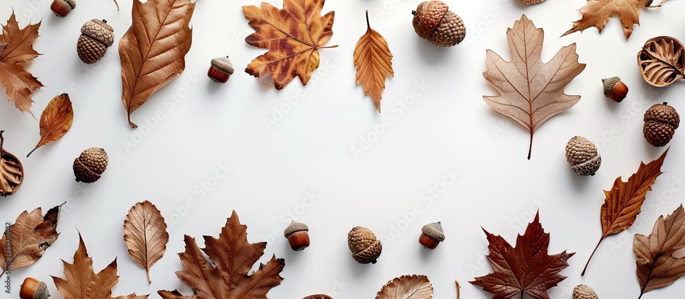 Aufkleber Brown dried leaves and acorns arranged into an autumn composition on a white background with copy space image for fall Halloween harvest or Thanksgiving themes in a flat lay style from top view