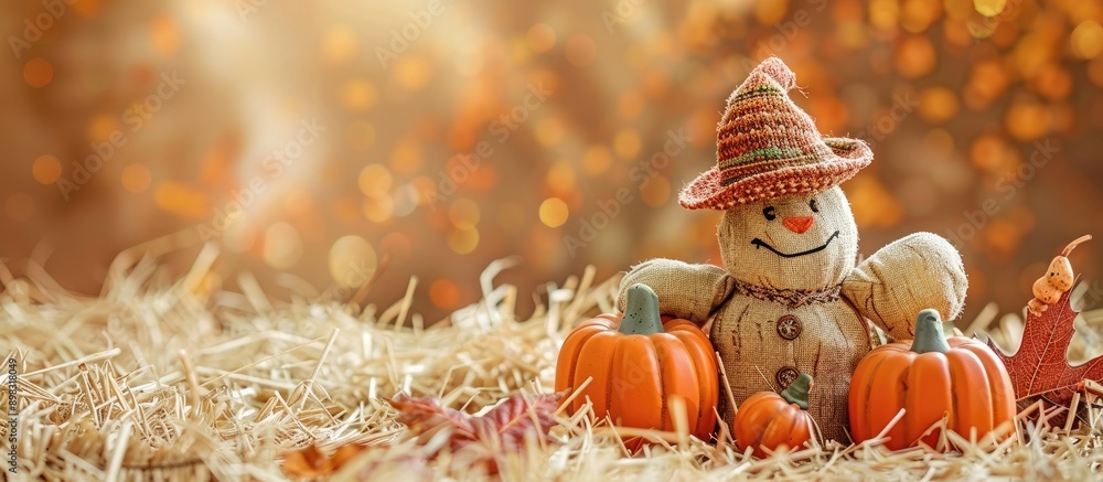 Aufkleber autumn themed decoration featuring pumpkins and fabric toy placed on straw background ideal for fall