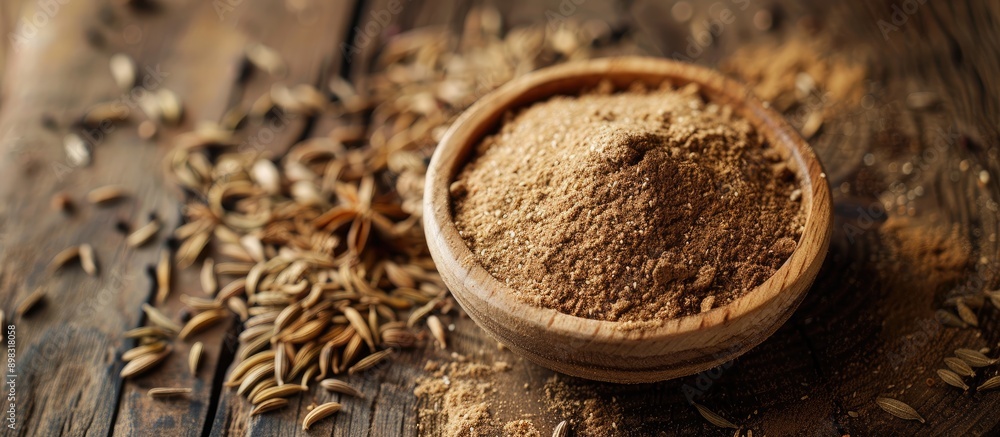 Poster caraway powder and seeds from persia displayed on a wooden table with room for text in the image. cr
