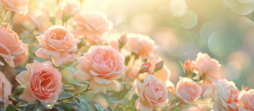 Poster Collage of roses blooming in summer with a soft pastel tone selective focus perfect for adding text or graphics against a blank background in an image. Creative banner. Copyspace image