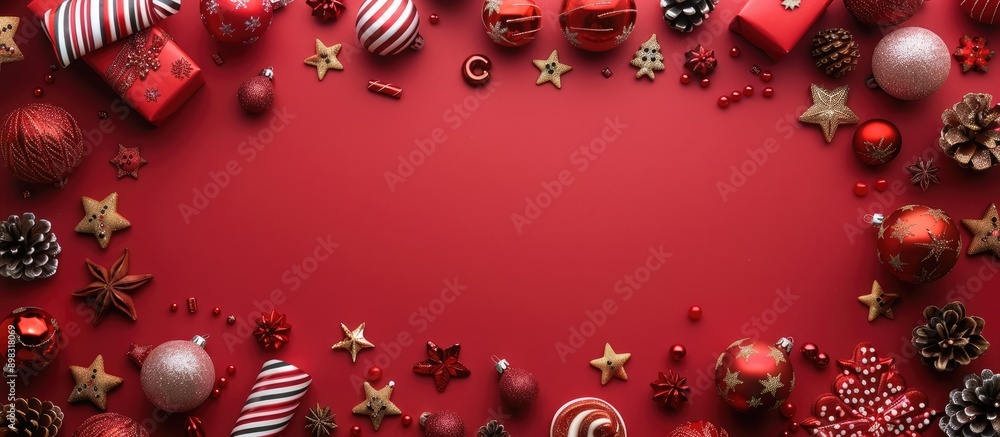 Poster adorable christmas ornaments like balls trees gift boxes stars candies and cookies arranged on a red