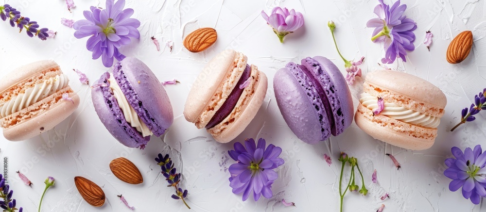 Aufkleber top view of colorful almond cookies cake macaron or macaroon with violet spring flowers on a white b