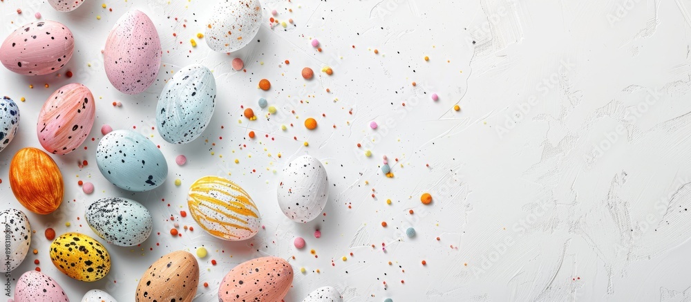 Poster Colorful handmade Easter eggs displayed on a white background with a border frame corner providing copy space perfect for a festive Easter card image