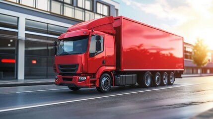 A modern, bright red delivery truck is shown driving on a city street with contemporary buildings in the background under a clear sky, highlighting transportation and logistics.