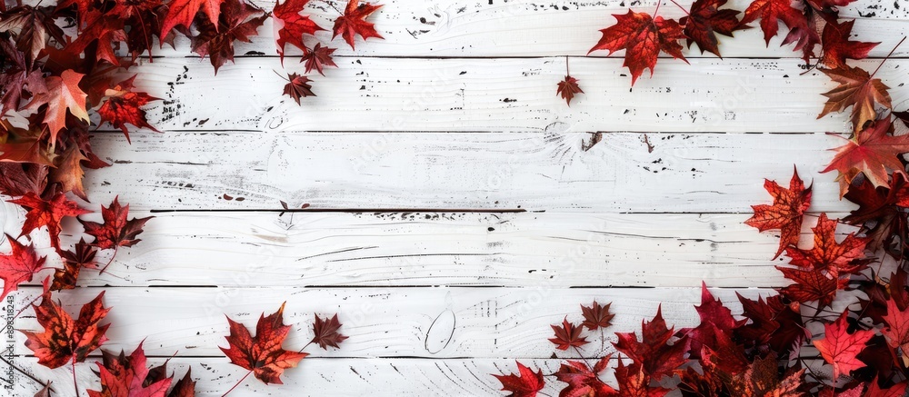 Poster Autumn leaves frame a white wooden background with copy space image