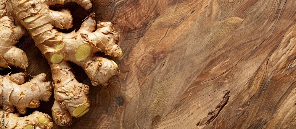 Poster Top down view of ginger on a cutting board surface with ample copy space image available