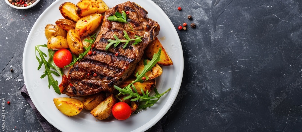 Poster delicious beef steak plated with roasted potatoes and vegetables perfect for a copy space image