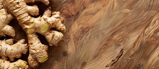 Top down view of ginger on a cutting board surface with ample copy space image available