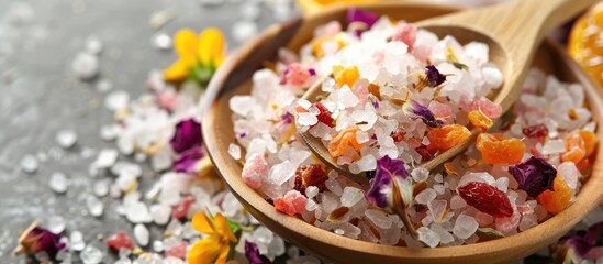 A detailed photo showcasing homemade bath salts adorned with dried fruit and flower petals within a copy space image