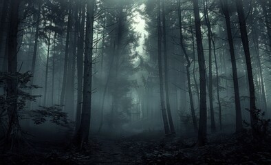 Naklejka premium A dark, misty forest with tall trees and a mysterious, ethereal atmosphere.