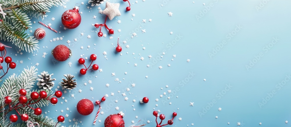Aufkleber top view of a christmas themed image with red and white decorations on a pastel blue background suit