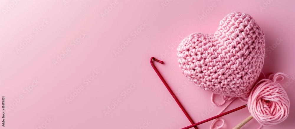 Poster a crocheted pink heart with a crochet hook and yarn set against a pink backdrop as part of a valenti